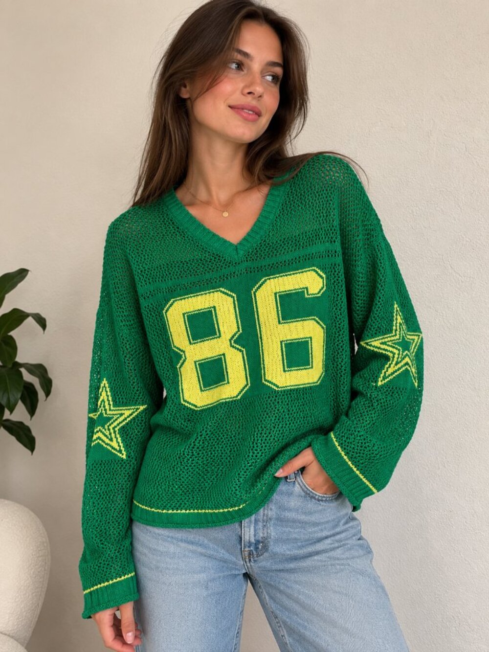 Boston 86 Green Varsity Mesh Knit V Neck Sweater Yellow Stars M